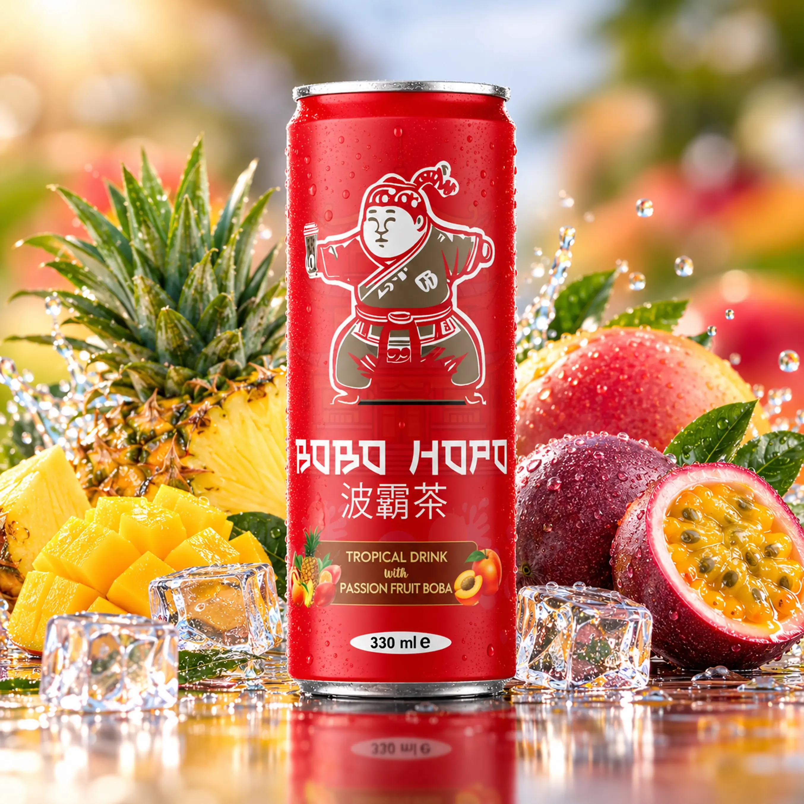 Bobo Hopo 330 ml tropical drink with passion fruit boba, pineapple, mango, passion fruit and ice cubes.